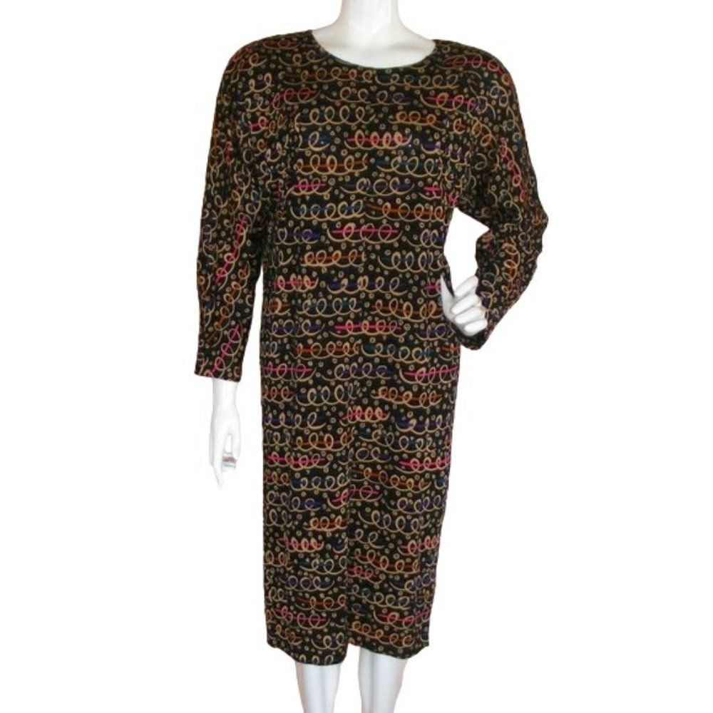 Vintage MISSONI Dress, M/L Very 80s print, Pockets, Black, Multicolor squigles